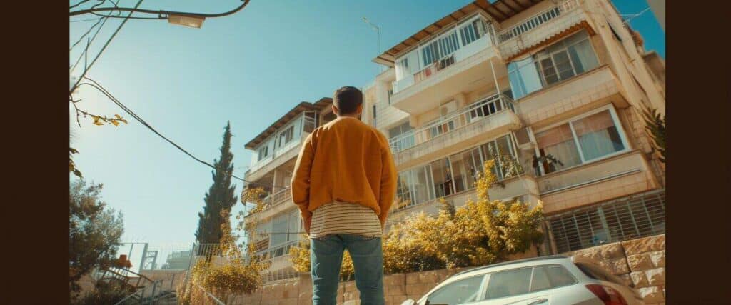 צעיר עומד מול דירה שקנה כאשר עמד בתנאים לקבלת משכנתא ליחיד