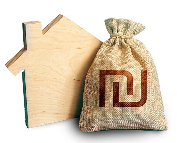 שק יוטה חום עם לוגו של שקלים ואיור של בית כהון עצמי למשכנתא