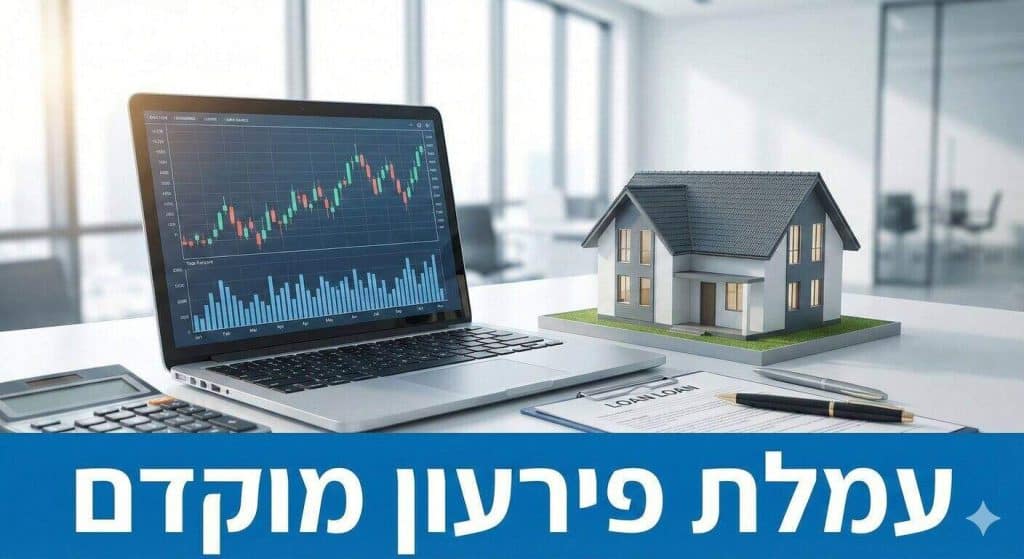 תמונה של שולחן משרדי הכוללת מחשב נייד עם גרפים פיננסיים, מודל של בית ומחשבון. בתחתית התמונה מופיע הכיתוב "עמלת פירעון מוקדם" על רקע כחול.