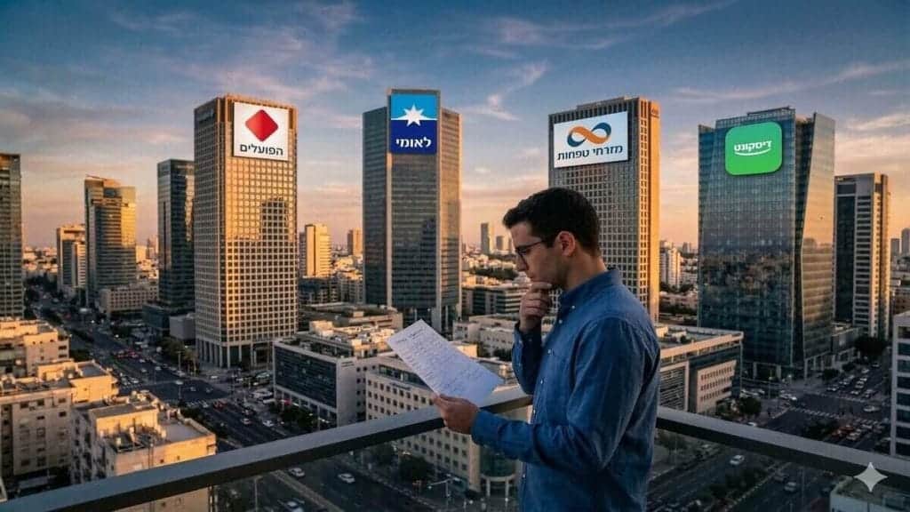 גבר עומד על מרפסת בתל אביב בזמן שקיעה ובוחן מסמכים, עם נוף לארבעה גורדי שחקים ועליהם לוגו של הבנקים הגדולים בישראל: הפועלים, לאומי, מזרחי ודיסקונט. התמונה מסמלת את ההתלבטות "באיזה בנק לקחת משכנתא" ואיזה מביניהם "הכי זול".