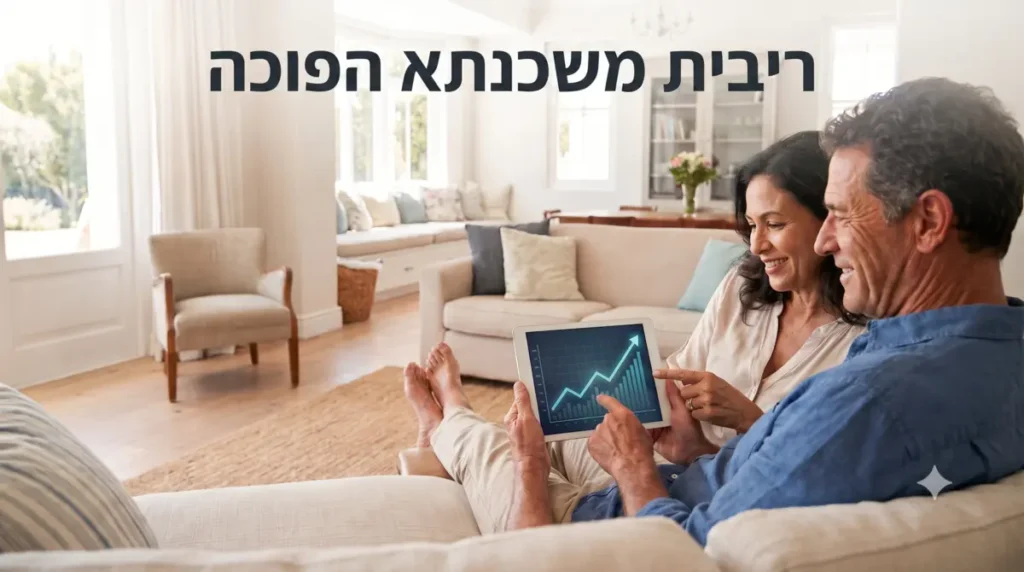 בני זוג בגיל השלישי בסלון ביתם בודקים בטאבלט את מגמת ריבית משכנתא הפוכה לשנת 2026, בהשוואה בין מסלול קבוע צמוד מדד למסלול משתנה צמוד פריים